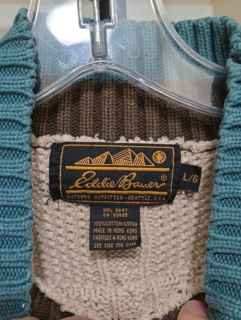 Vintage Eddie Bauer 100% Cotton Cable Knit Sweater Cream Crewneck Brown Teal - Picture 7 of 8